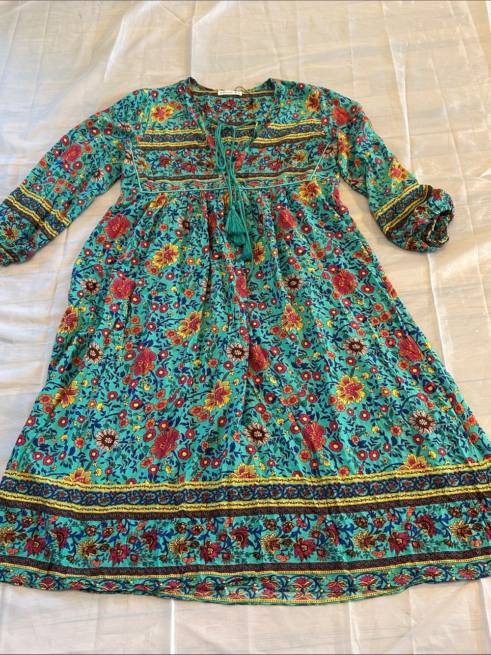Bohemian Teal Floral Tie-Front Long Sleeve Midi Dress - Picture 6 of 8